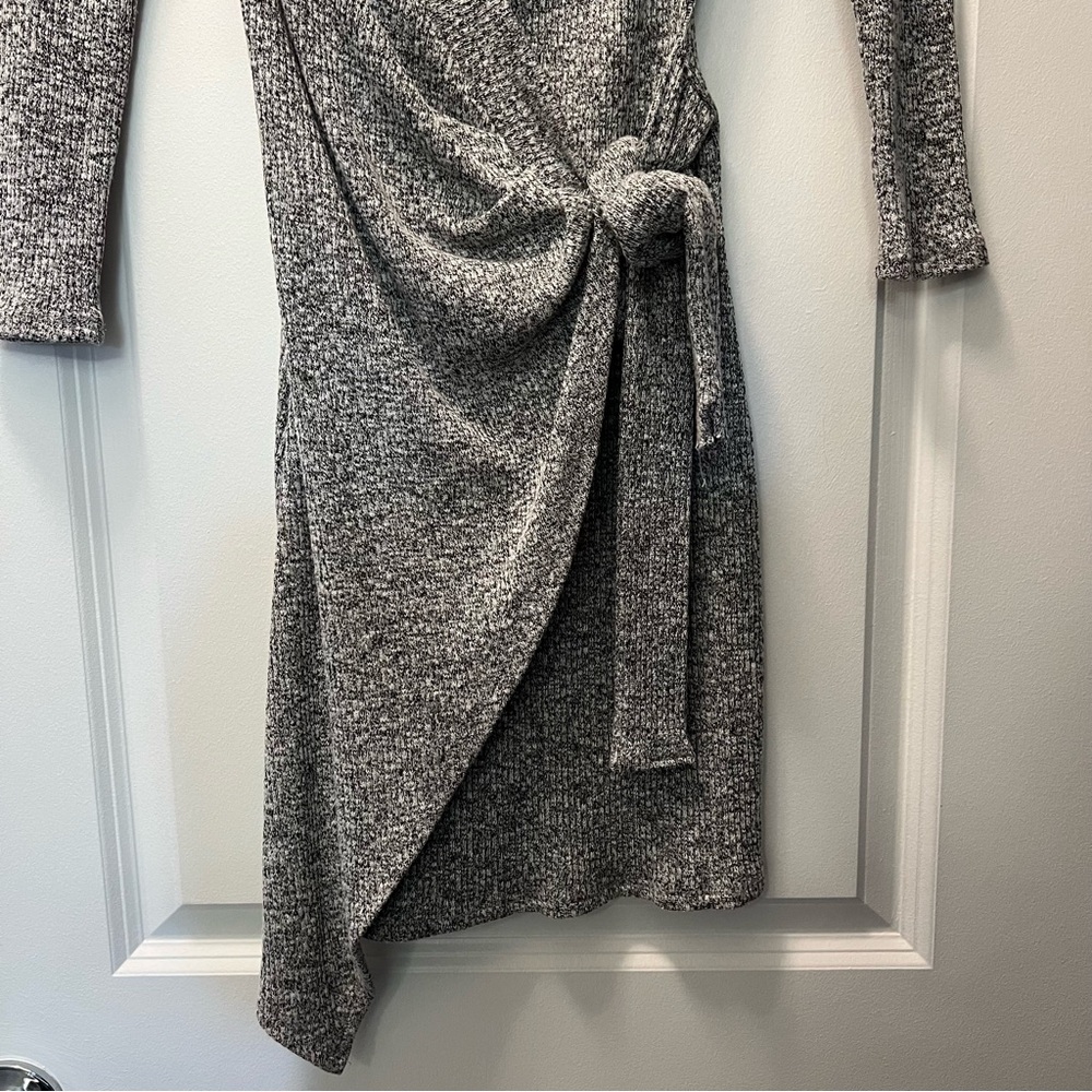 AKIRA V-Neck Tie Waist Mini Sweater Dress-Gray - Picture 3 of 8